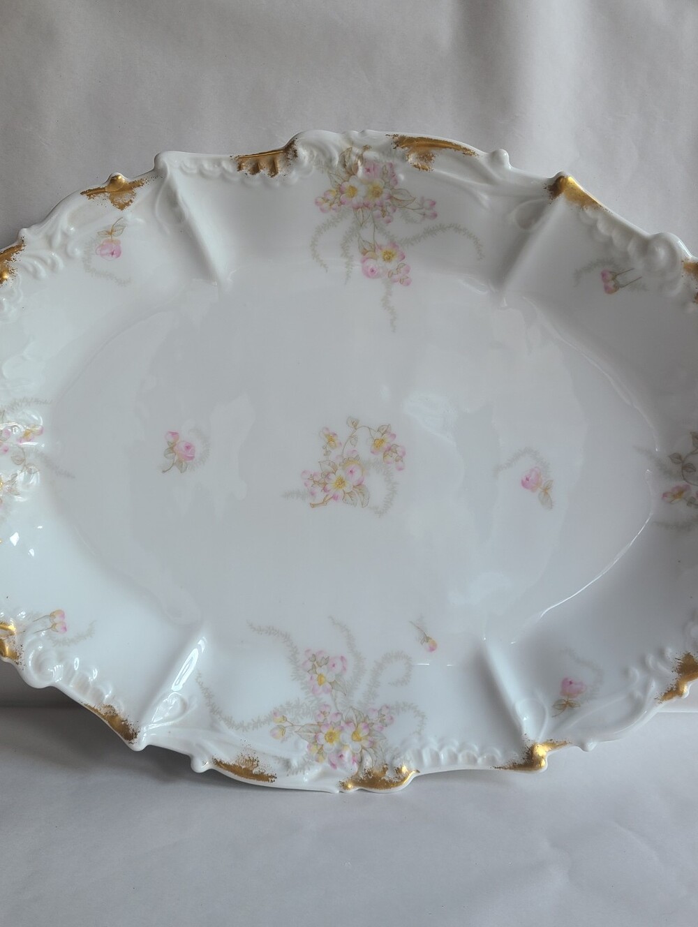 Elite Limoges Porcelain Serving Platter with Pink Floral Sprays and Gold Gilding